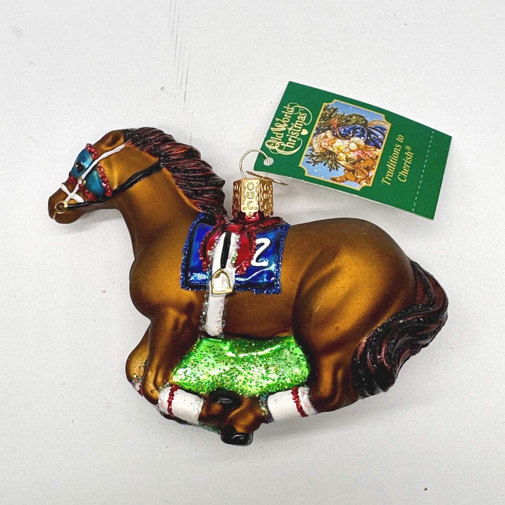 Old World Christmas Racehorse Glass Ornament 12667 Brown Blue Glitter New Tag